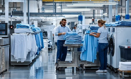 Workers organizing and folding laundry in a commercial laundry facility.