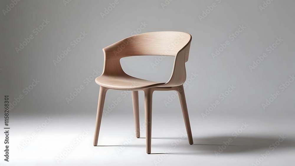 Studio Photograph of a Modern Minimalist Wooden Chair with Smooth Curved Lines, Light Polished Wood, and Natural Grain Texture on a Soft Gray Background
Studio Photograph of a Modern Minimalist Wooden Chair with Smooth Curved Lines, Light Polished Wood, and Natural Grain Texture on a Soft Gray Background