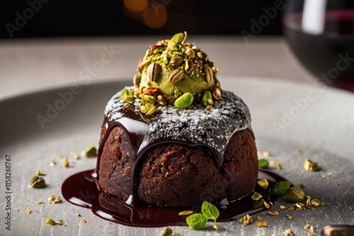 A gourmet lava cake with gold flakes and pistachio ice cream photo