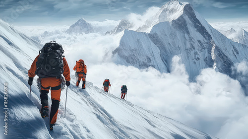 A group of mountaineers climbing the summit, surrounded by snow-covered peaks and clouds below photo