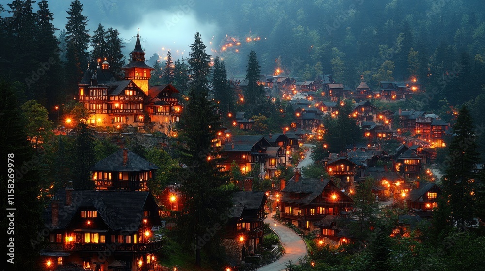 Fototapeta premium Night view of illuminated village nestled in mountain valley.