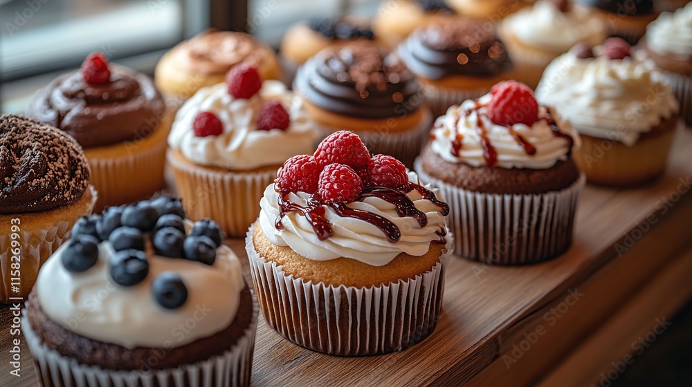 Assortment of delicious cupcakes with various toppings like raspberries, blueberries, chocolate, and cream cheese frosting, displayed on a wooden surface. Assortment of delicious cupcakes with various toppings like raspberries, blueberries, chocolate, and cream cheese frosting, displayed on a wooden surface.