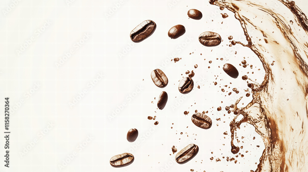 Obraz premium Elegant coffee splash with flying beans, creating dynamic and refreshing scene. rich brown tones of coffee contrast beautifully with light background, evoking sense of energy and vitality