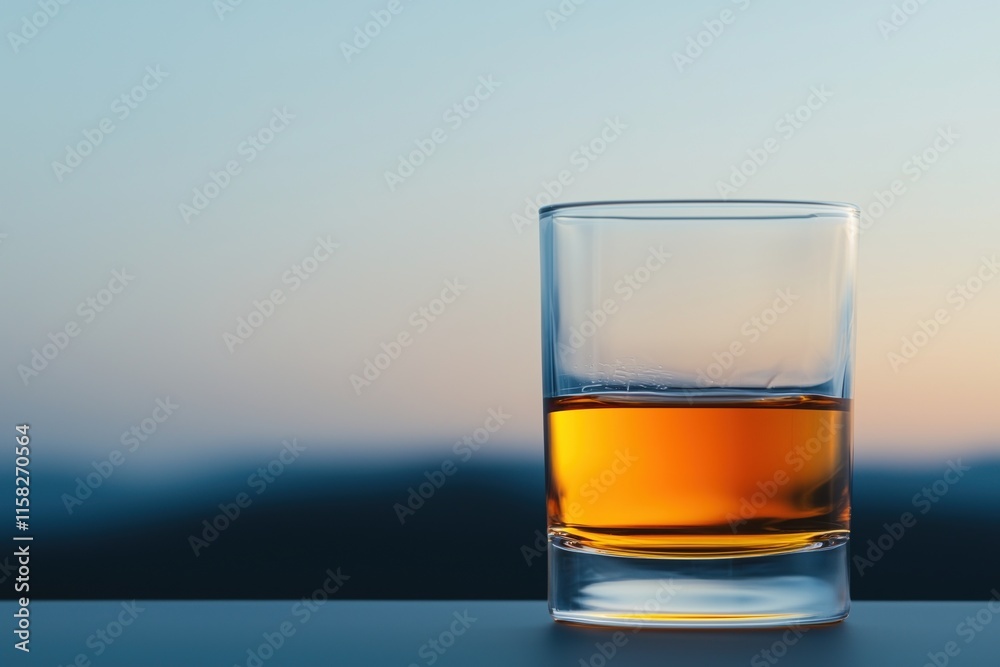 drunk driving prevention concept. A glass of whiskey against a blurred sunset background. drunk driving prevention concept. A glass of whiskey against a blurred sunset background.