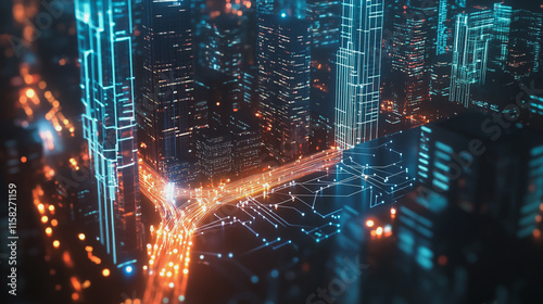 Smart Innovation city with connection cyber security network reciprocity over the night cityscape future wireless digital city and social media networking systems that connects people in the city