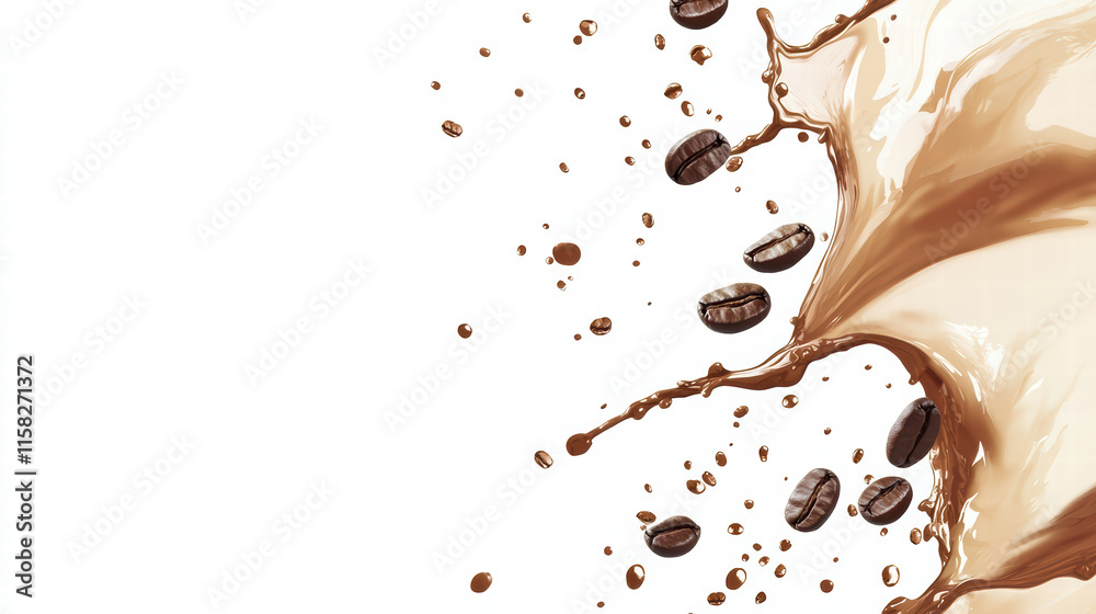 Stylish coffee splash with coffee beans isolated on white background, creating dynamic and energetic visual. Perfect for coffee lovers and beverage promotions Stylish coffee splash with coffee beans isolated on white background, creating dynamic and energetic visual. Perfect for coffee lovers and beverage promotions