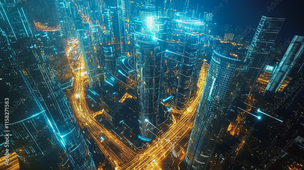 Smart Innovation city with connection cyber security network reciprocity over the night cityscape future wireless digital city and social media networking systems that connects people in the city Smart Innovation city with connection cyber security network reciprocity over the night cityscape future wireless digital city and social media networking systems that connects people in the city