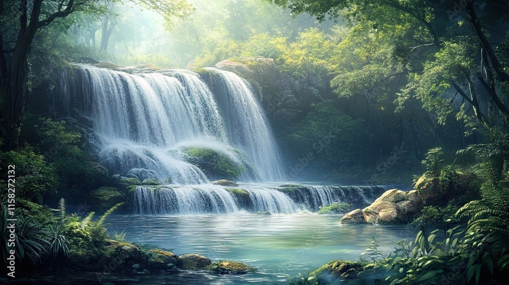 A beautiful waterfall cascading over rocks in a dense forest, with the water creating a mist that adds to the serene atmosphere A beautiful waterfall cascading over rocks in a dense forest, with the water creating a mist that adds to the serene atmosphere