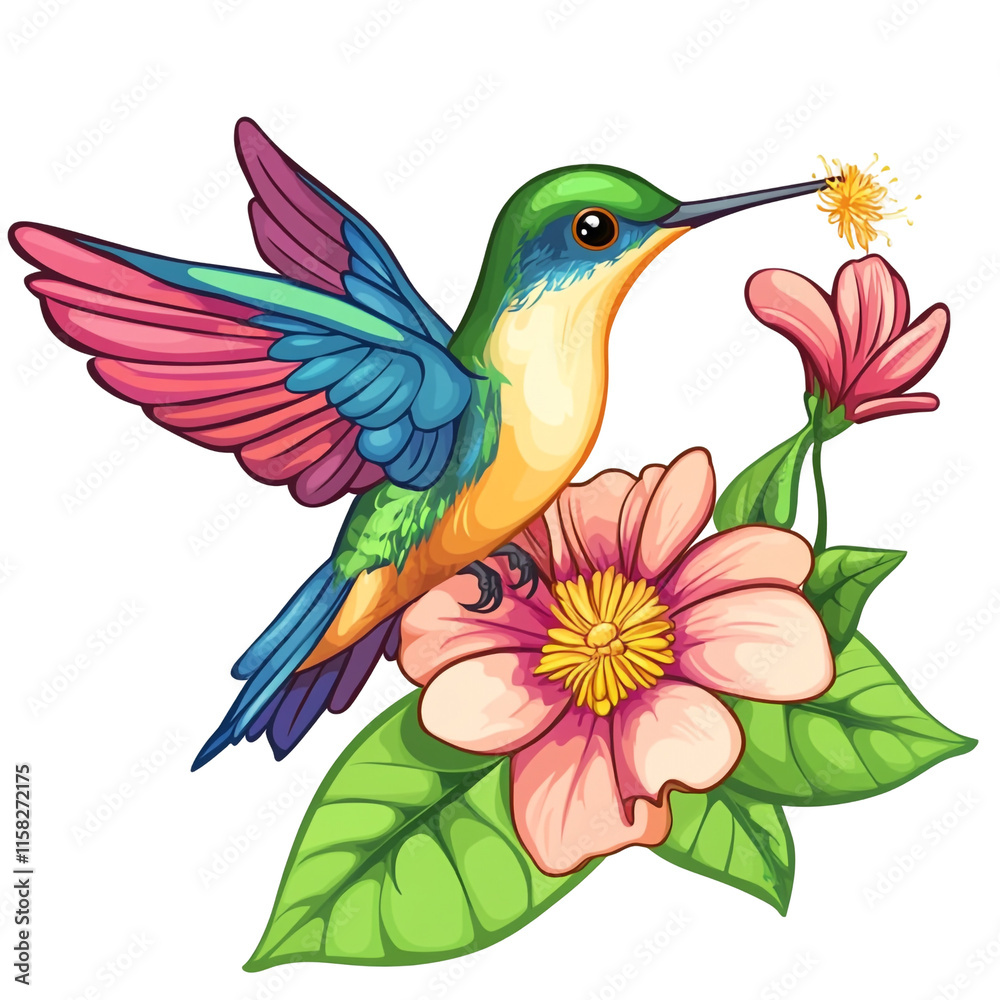 Vibrant Hummingbird and Blossom: A Colorful Illustration Vibrant Hummingbird and Blossom: A Colorful Illustration