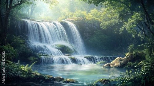 A beautiful waterfall cascading over rocks in a dense forest, with the water creating a mist that adds to the serene atmosphere