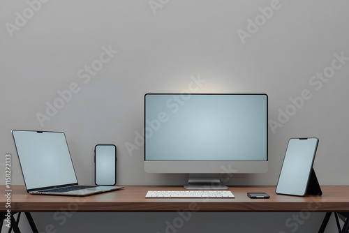 Responsive design device mokup. Laptop, computer screen, mobile phone and tablet with screen isolated on work desk