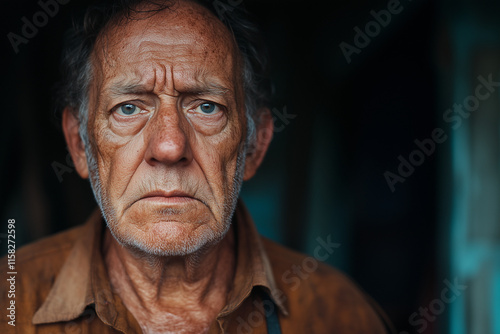 man in a brown shirt with a serious, intense gaze. Capturing calm, wisdom, and depth outdoors, surrounded by timeless elements. maturity, emotion, and contemplation.