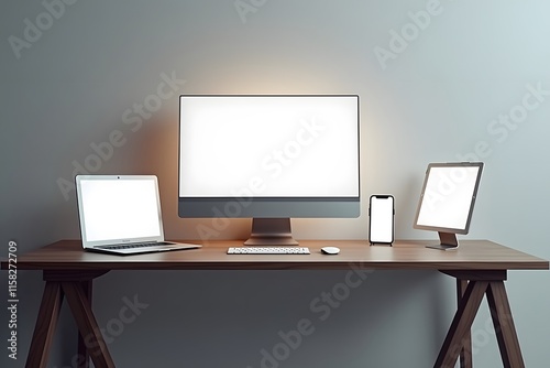 Responsive design device mokup. Laptop, computer screen, mobile phone and tablet with screen isolated on work desk
