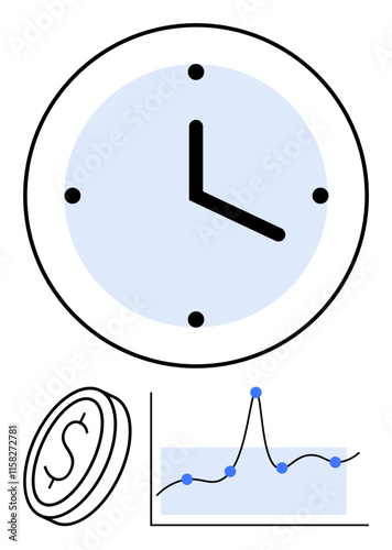 Clock dollar coin, fluctuating graph represent time and financial management. Ideal for finance, time efficiency, economic growth, investment, productivity, strategic planning. Line metaphor