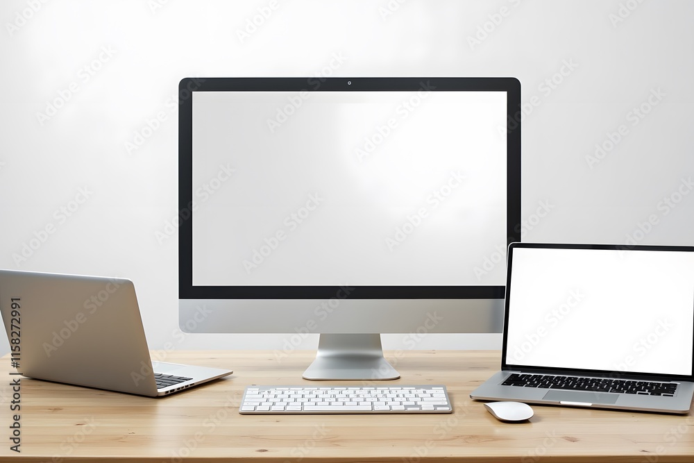 Responsive design device mokup. Laptop, computer screen, mobile phone and tablet with screen isolated on work desk Responsive design device mokup. Laptop, computer screen, mobile phone and tablet with screen isolated on work desk