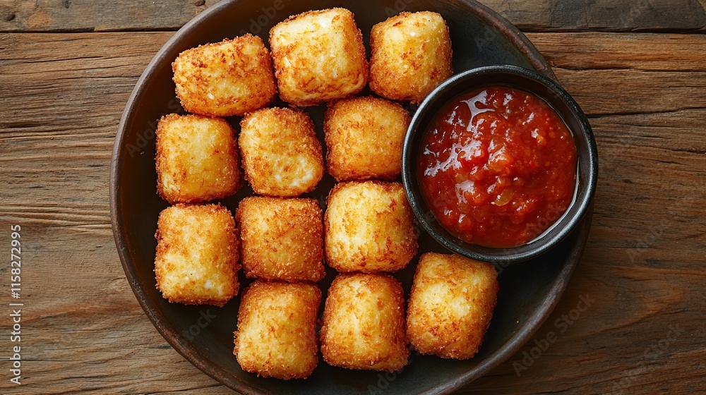 Crispy fried cheese balls with spicy tomato salsa on dark plate. Crispy fried cheese balls with spicy tomato salsa on dark plate.