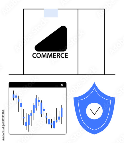 E-commerce platform logo, stock market graph showing fluctuations, and blue shield with check mark. Ideal for finance, security, online trading, stock market, e-commerce, business analysis