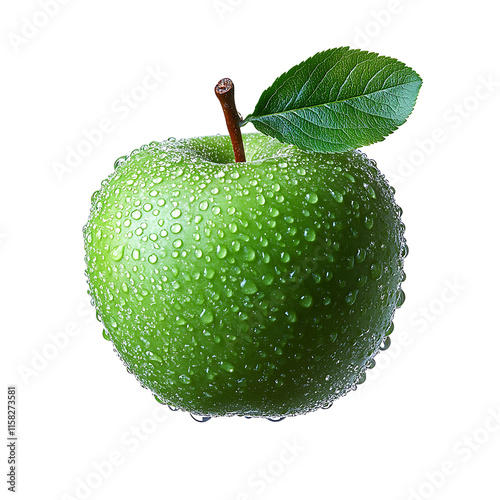 Fresh Green Apple with Water Drops Transparent Background.