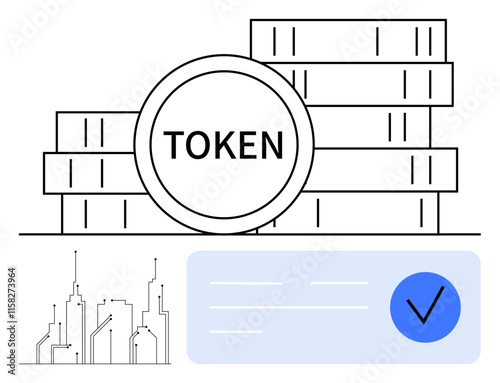 Token coins stacked, check mark inside blue circle, cityscape outline. Ideal for blockchain, fintech, digital currency, cryptocurrency, transactions smart contracts economy. Line metaphor