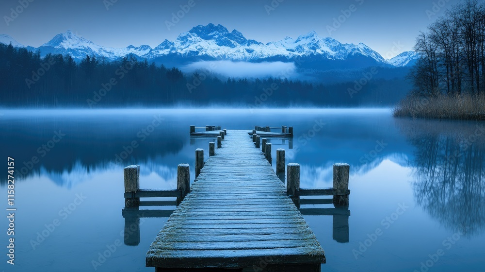 Naklejka premium Serene misty lake with wooden pier and snow-capped mountains at dawn.
