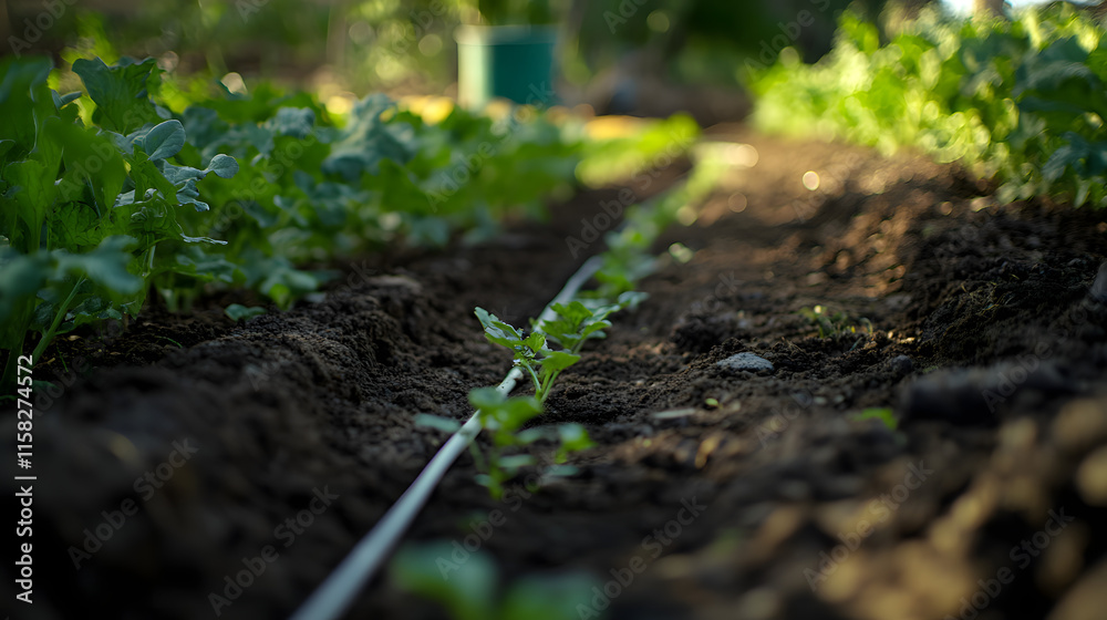 Young radish plants growing in a garden row with drip irrigation. Young radish plants growing in a garden row with drip irrigation.