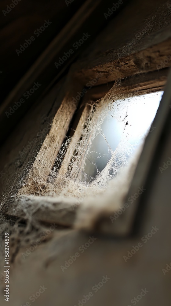 Obraz premium Close-up of a dusty window frame with spiderwebs, creating an eerie atmosphere.