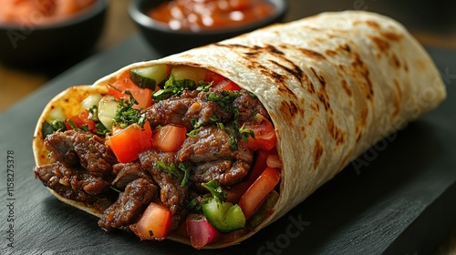 Delicious beef burrito with fresh vegetables and salsa.