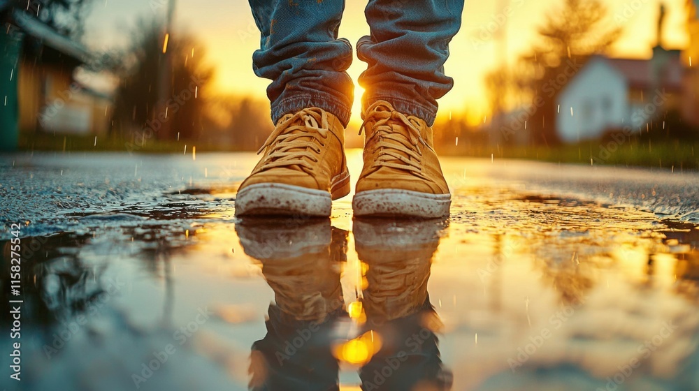 Urban Reflections: Close-Up of Man in Jeans and Sneakers on Rain-Kissed Fresh Asphalt Urban Reflections: Close-Up of Man in Jeans and Sneakers on Rain-Kissed Fresh Asphalt