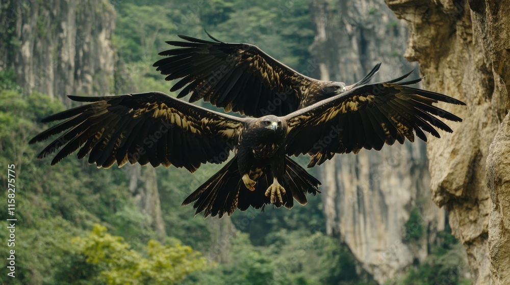 Fototapeta premium Majestic Birds Soaring Over Dense Jungle Valleys
