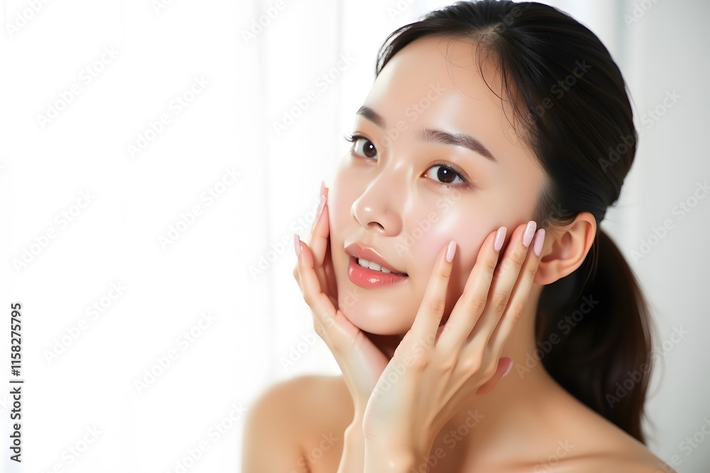 Beautiful young Asian woman with perfect skin touching her face. Facial care. Beauty and spa concept. Isolated. Makeup, beauty and spa concept. Isolated on white background. Beautiful young Asian woman with perfect skin touching her face. Facial care. Beauty and spa concept. Isolated. Makeup, beauty and spa concept. Isolated on white background.