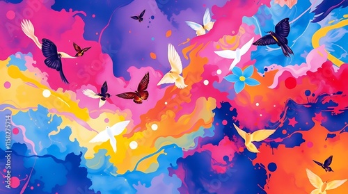 Birds and Butterflies in a Vibrant Abstract Landscape photo