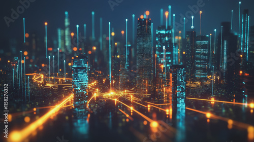 Smart Innovation city with connection cyber security network reciprocity over the night cityscape future wireless digital city and social media networking systems that connects people in the city