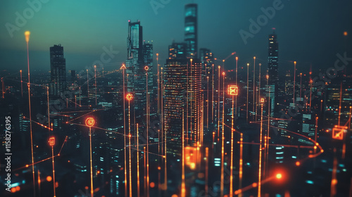 Wallpaper Mural Smart Innovation city with connection cyber security network reciprocity over the night cityscape future wireless digital city and social media networking systems that connects people in the city Torontodigital.ca