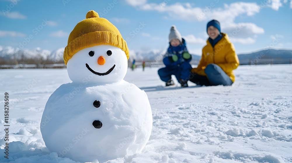 Cheerful Snowman with Kids in Winter Snowy Landscape
