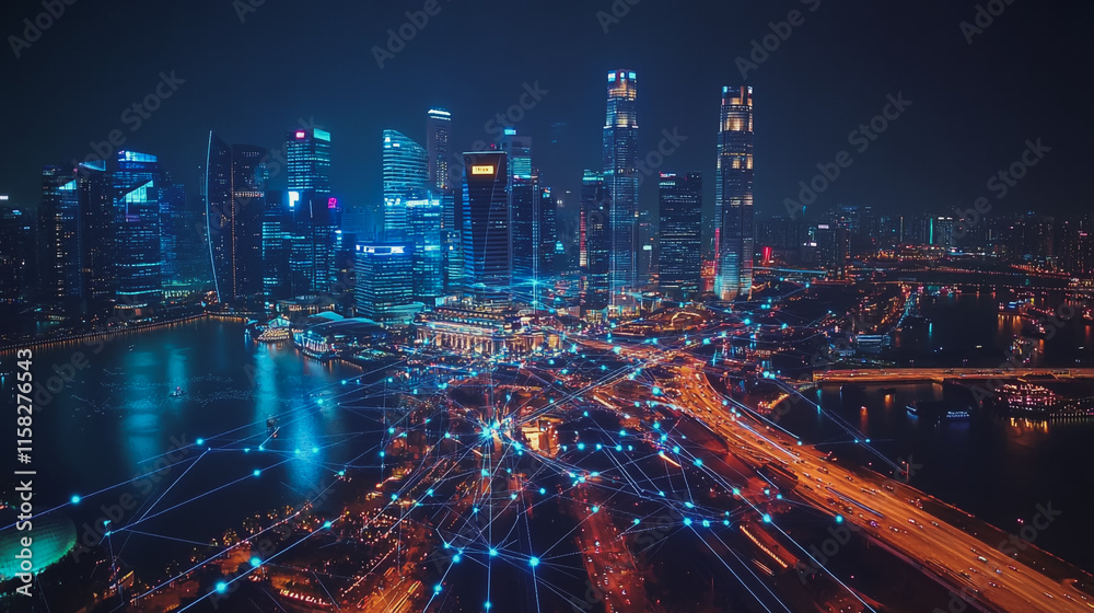 custom made wallpaper toronto digitalSmart Innovation city with connection cyber security network reciprocity over the night cityscape future wireless digital city and social media networking systems that connects people in the city
