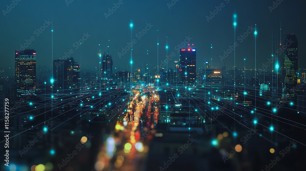 Smart Innovation city with connection cyber security network reciprocity over the night cityscape future wireless digital city and social media networking systems that connects people in the city Smart Innovation city with connection cyber security network reciprocity over the night cityscape future wireless digital city and social media networking systems that connects people in the city