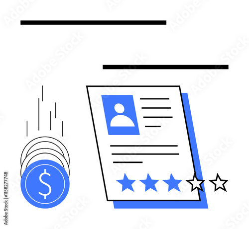 Resume with a profile picture, text lines, and four blue stars. Coins with dollar signs falling in the background. Ideal for HR, job applications, performance reviews, recruitment, employment career