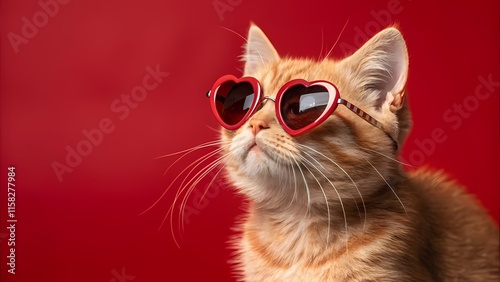 Charming Ginger Cat in Heart-Shaped Sunglasses Valentine's Day Vibes