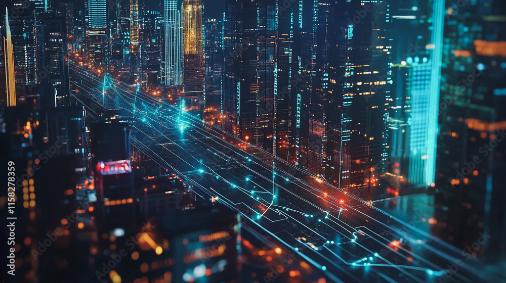 Fototapeta premium Smart Innovation city with connection cyber security network reciprocity over the night cityscape future wireless digital city and social media networking systems that connects people in the city