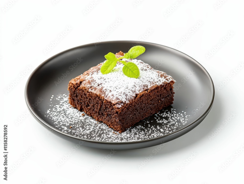 3D Delicious brownie square with powdered sugar on modern plate minimalist setting food photography sleek presentation 3D Delicious brownie square with powdered sugar on modern plate minimalist setting food photography sleek presentation