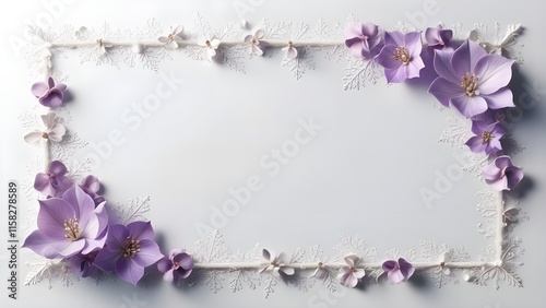graphic design border white background, providing ample copy space. with purple flowers and flakes