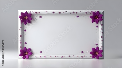 graphic design border white background, providing ample copy space. with purple flowers and flakes