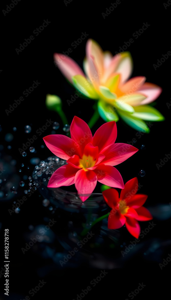 Naklejka premium Multicolored floral on the water ,black background ,selective focus, Dynamic motion, with white tones