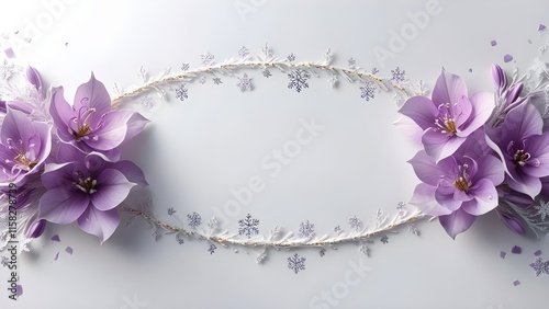 graphic design border white background, providing ample copy space. with purple flowers and flakes