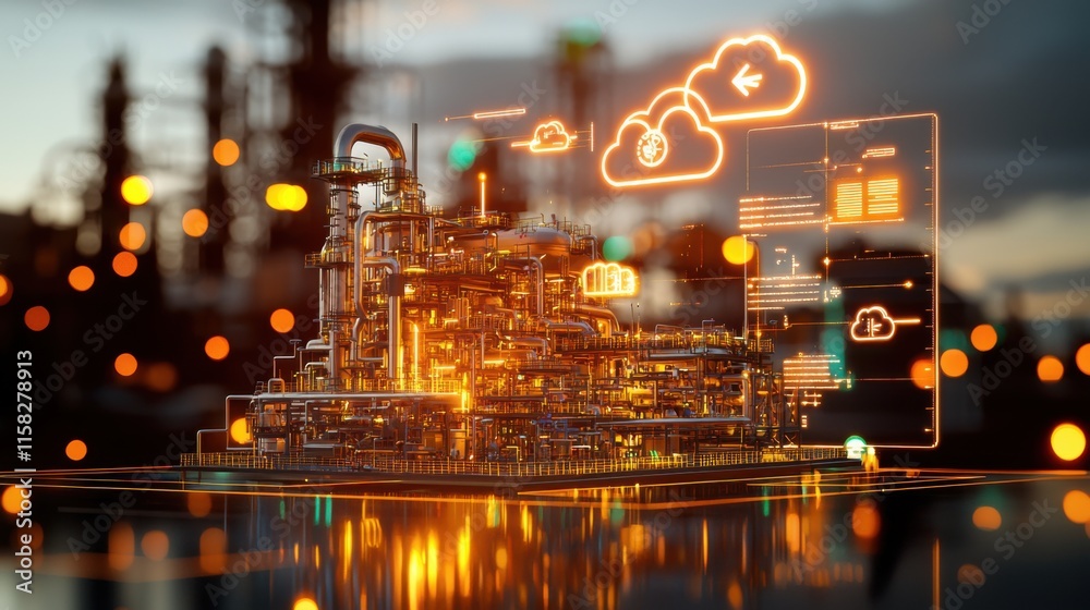 Futuristic Oil and Gas Plant with Glowing Cloud Icons Symbolizing Technological Advancements in Industrial Sector Futuristic Oil and Gas Plant with Glowing Cloud Icons Symbolizing Technological Advancements in Industrial Sector