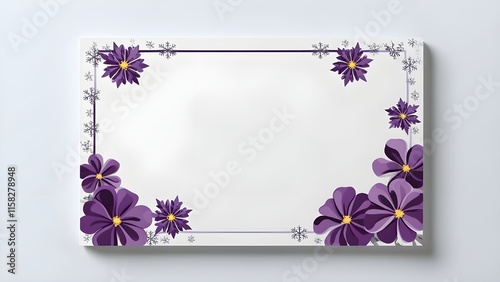 graphic design border white background, providing ample copy space. with purple flowers and flakes