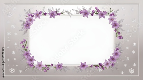 graphic design border white background, providing ample copy space. with purple flowers and flakes