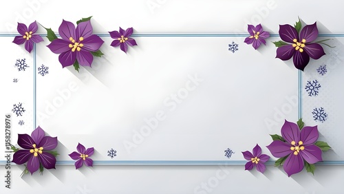 graphic design border white background, providing ample copy space. with purple flowers and flakes