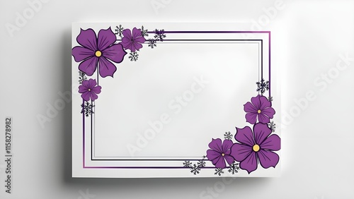 graphic design border white background, providing ample copy space. with purple flowers and flakes