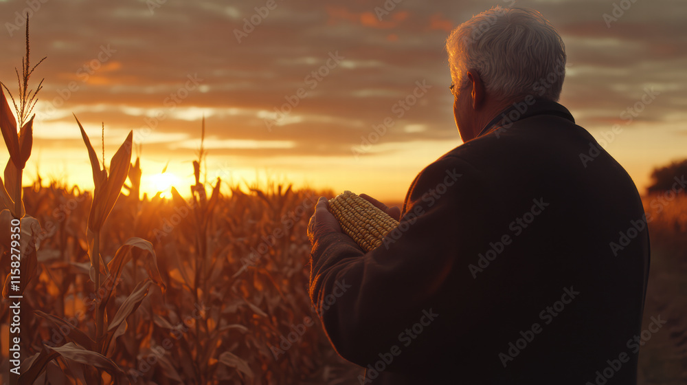Fototapeta premium senior farmer stands in corn field at sunset, holding ear of corn. warm glow of sun creates serene atmosphere, reflecting hard work and dedication of agricultural life